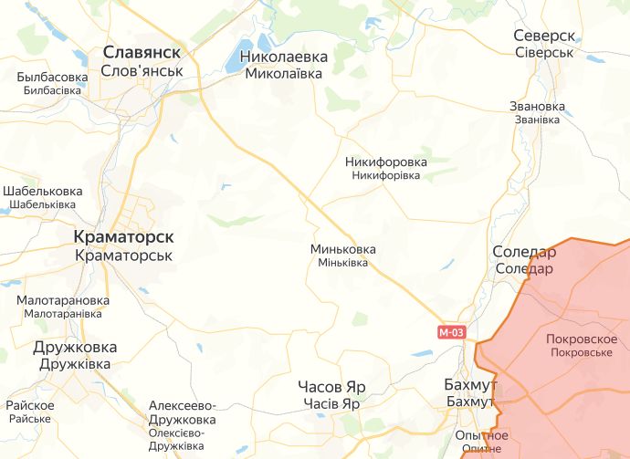 Славянск, Краматорск, Соледар и Бахмут на карте 