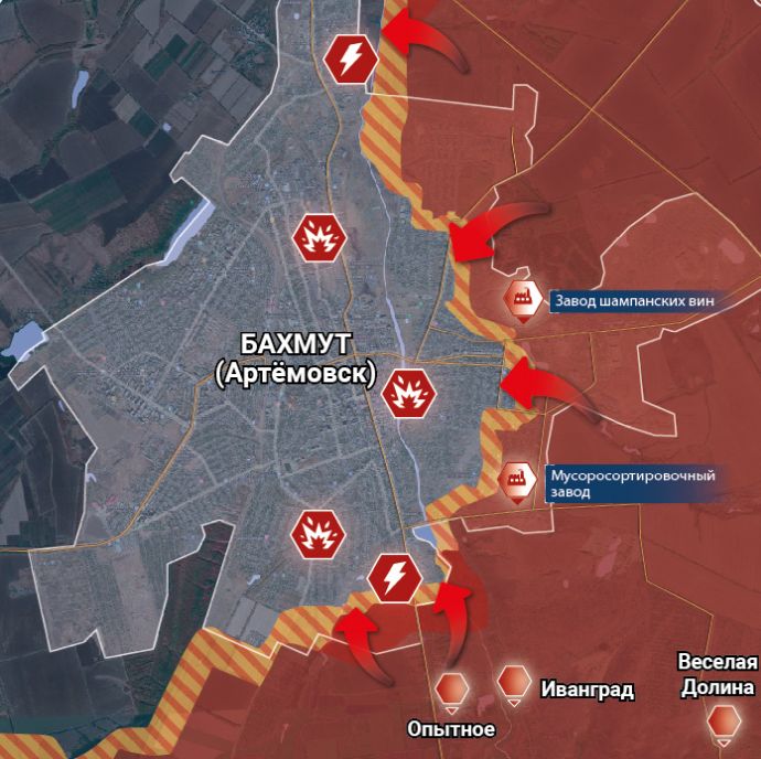 Бахмут, карта боевых действий от Телеграм-канала "Рыбарь"