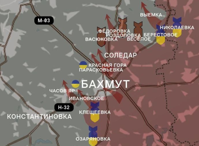 Бахмут и окрестности. Карта боевых действий от Телеграм-канала WarGonzo