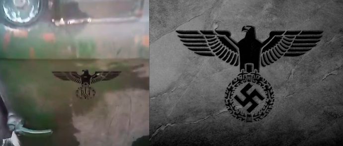 Слева - украинская техника, украшенная орлом с гербом Украины. Справа - орёл нацистской Германии. Не перепутайте!