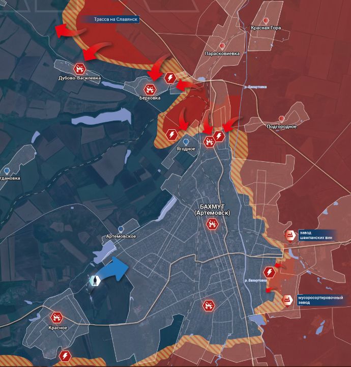 Бахмут и окрестности. Карта боевых действий от канала "Рыбарь"