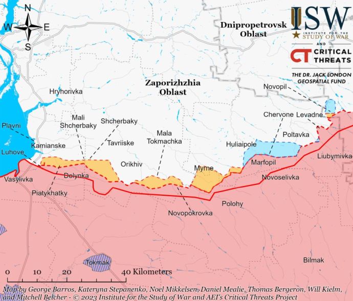 Линия фронта в Запорожской области. Карта от ISW (американского Института изучения войны)