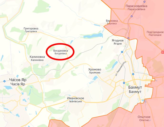 Бахмут и окрестности на карте СВО. Село Богдановка