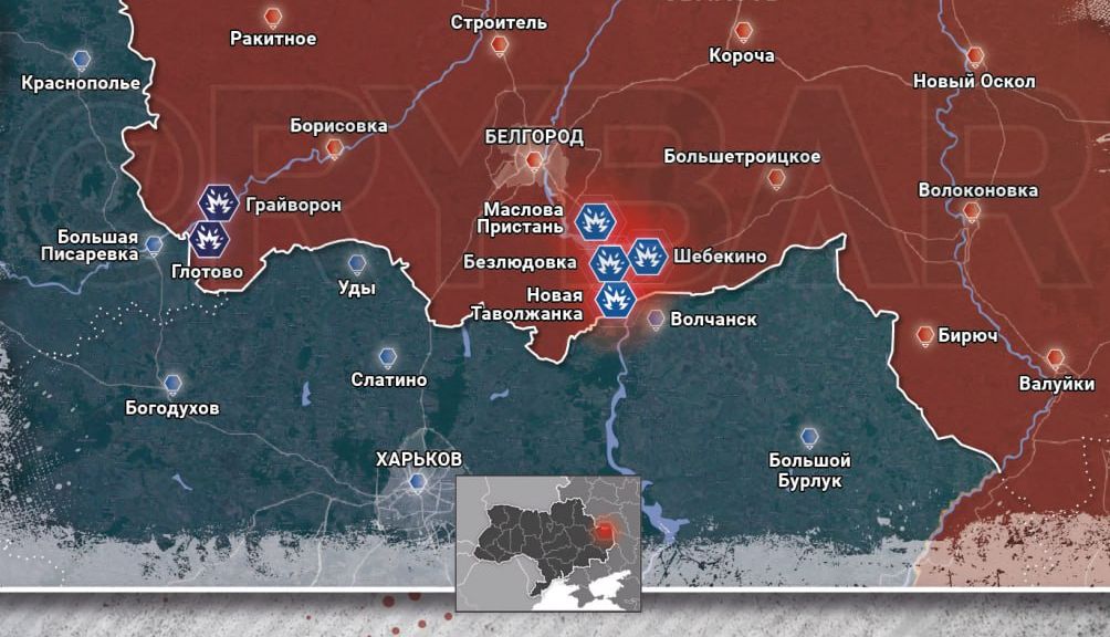 Карта обстрелов Белгородской области на вечер 26 мая 2023 года. 