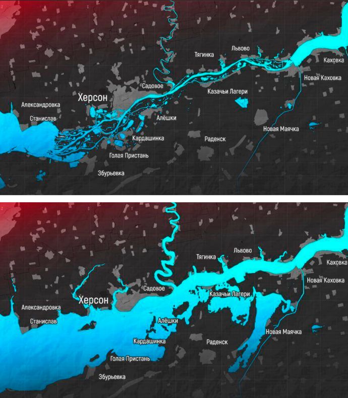 Возможный сценарий затопления Херсонской области в результате повреждения ГЭС: до и после