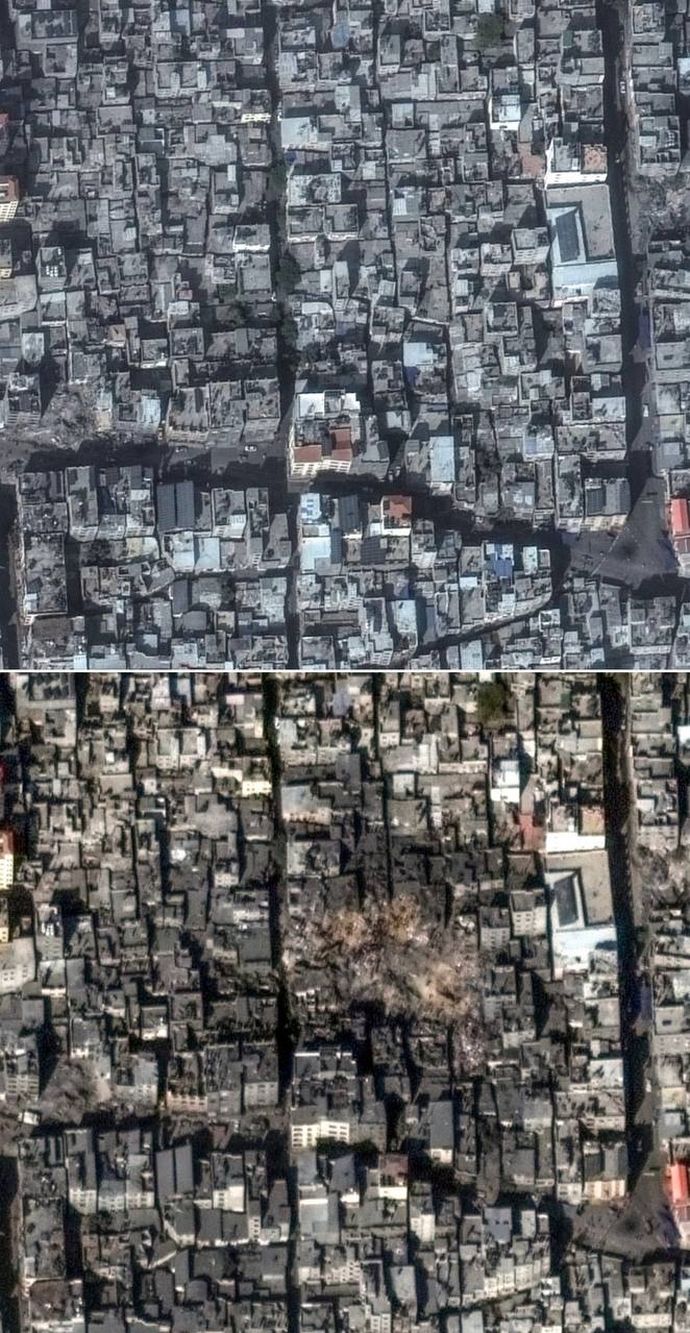 Центр содержания беженцев Джабалия до и после авиаудара. Недавно опубликованные спутниковые снимки.