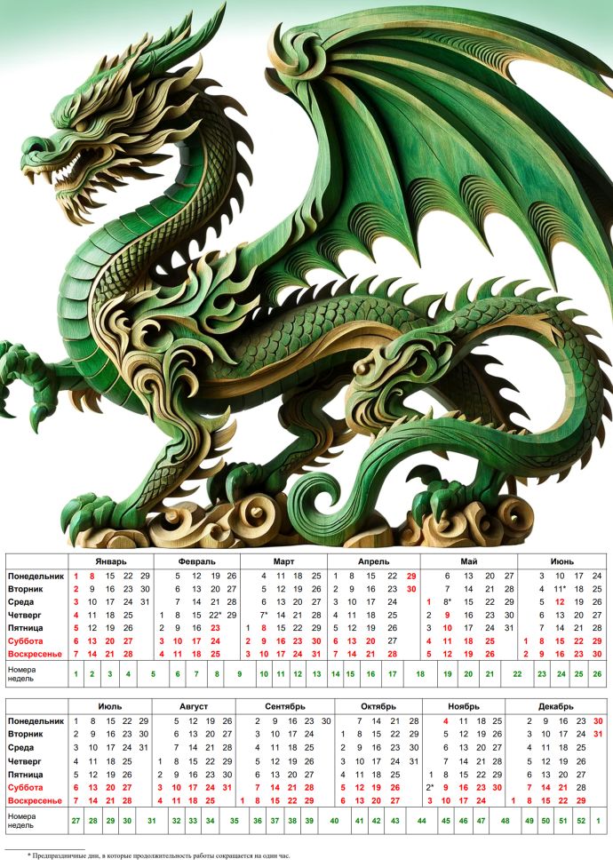 Производственный календарь на 2024 год с праздниками и выходными. Вариант 1